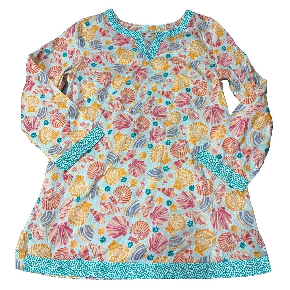 Talbots Seashell Print Tunic Top Blouse Beach Nautical Shells Cover-up Size L